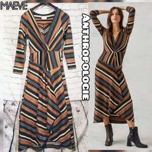 Anthropologie Maeve Striped black/brown Motif Wrap Maxi Dress